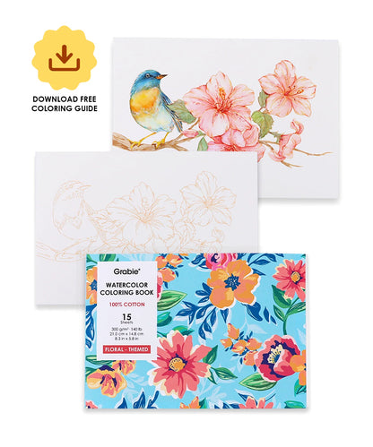 Floral-themed coloring book with a bird illustration and download button for a coloring guide.