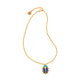 Gold necklace with a blue and green beetle pendant on a white background
