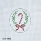 Cross-stitched design of a candy cane and bow with greenery on a light gray background.