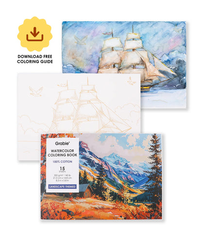 Watercolor coloring book with ship and mountain scenes, featuring a free coloring guide download icon.