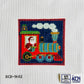 Colorful train design on fabric with SCT Designs and KCN Designs logos.
