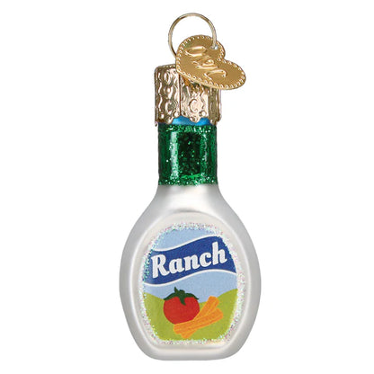 Decorative keychain shaped like a ranch dressing bottle with a key attached on a white background.