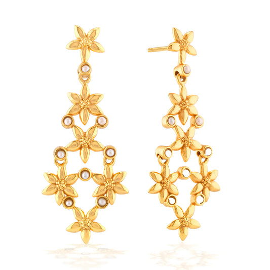 Gold floral earrings on a white background