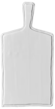 A white rectangular cutting board with a handle, shown on a plain white background.