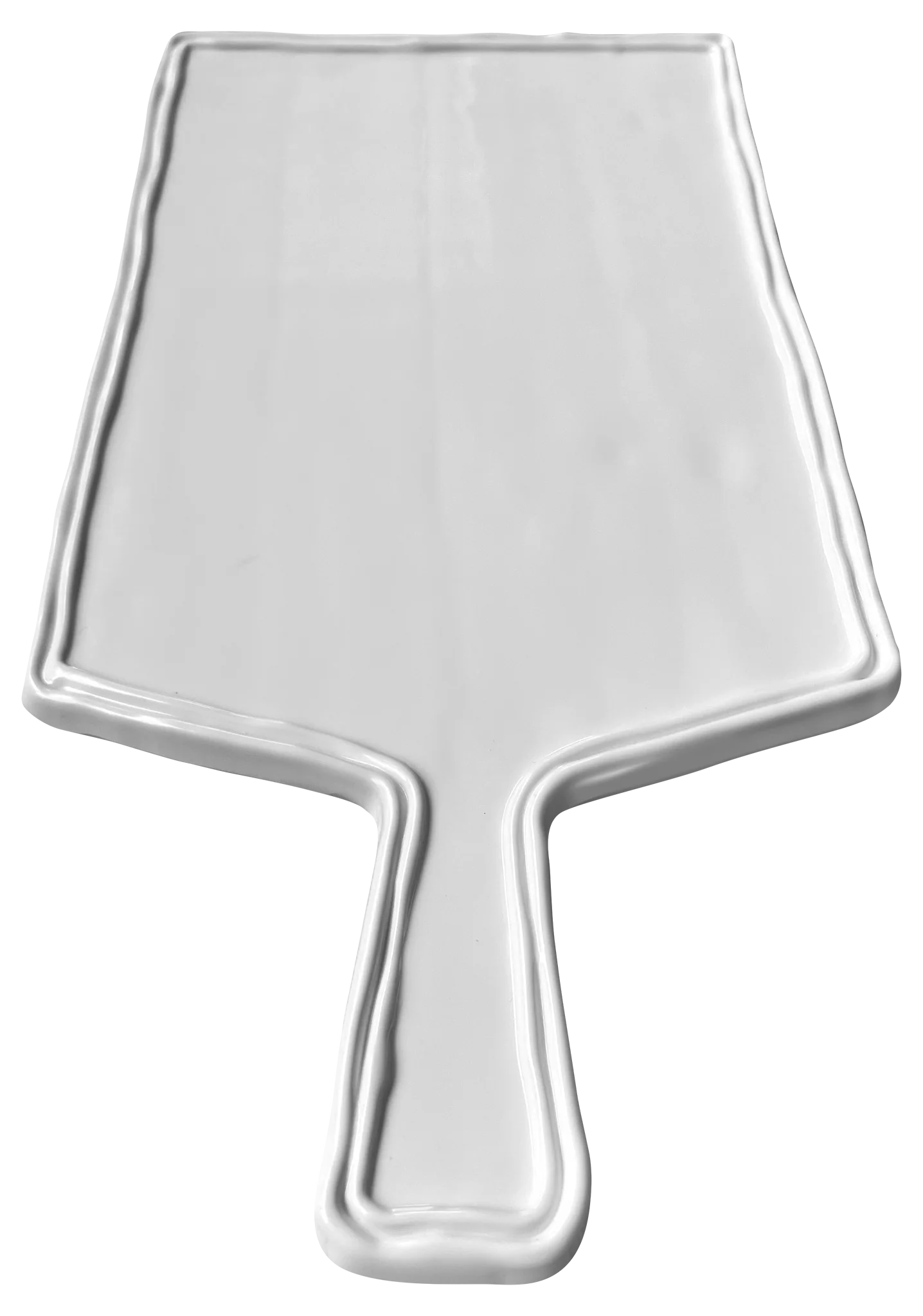 A silver metallic paddle-shaped mold or tray with a handle, shown against a plain white background.