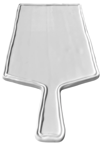 A silver metallic paddle-shaped mold or tray with a handle, shown against a plain white background.