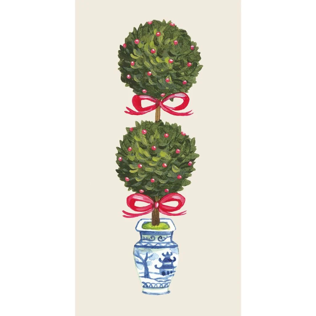 Decorative topiary with red ribbons in a blue and white vase on a beige background
