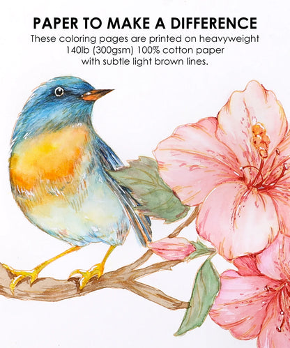 Coloring page with a bird and pink flower on white background
