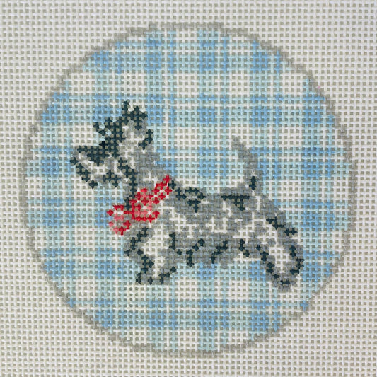Cross-stitched design of a dog with a red bow in a snow globe on a gray background