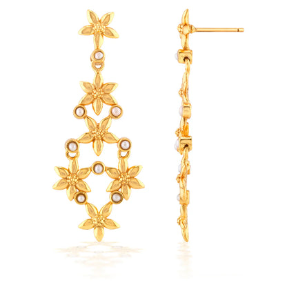 Gold floral earrings on a white background