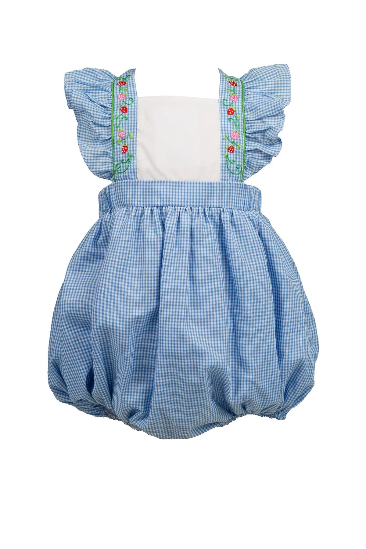 Blue checkered baby romper with ruffled sleeves on a white background
