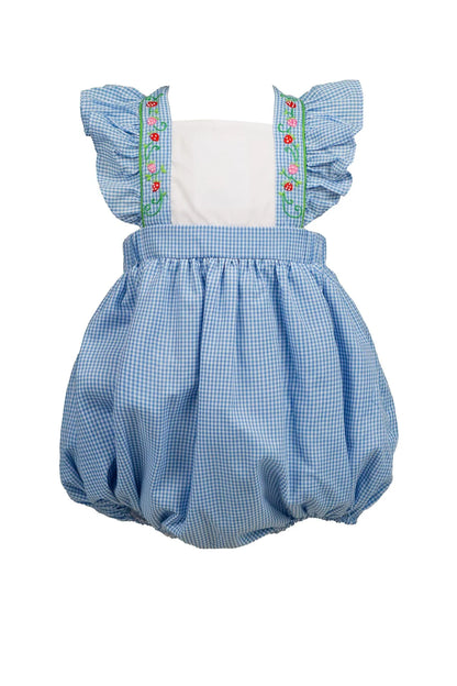 Blue checkered baby romper with ruffled sleeves on a white background