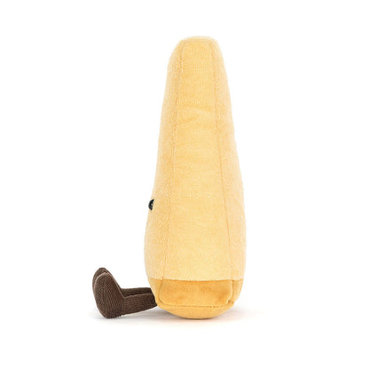 Plush toy shaped like a yellow corn on a white background