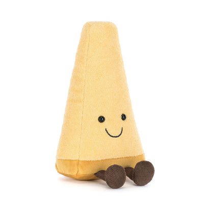 Plush toy shaped like a yellow cone with a smiley face on a white background