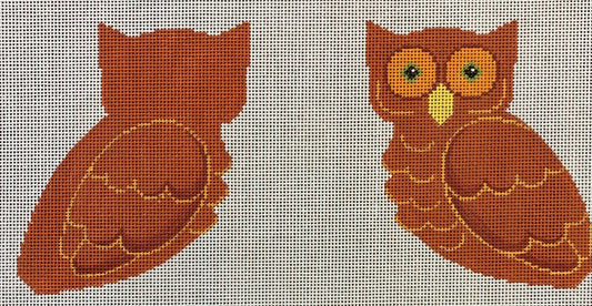 two needlepoint owl designs on a white mesh canvas, one shown from the back and one from the front, in brown, orange, and yellow.