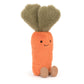 Stuffed toy carrot with a smiling face on a white background