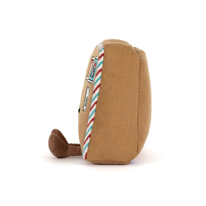 Brown plush toy with a striped leash on a white background