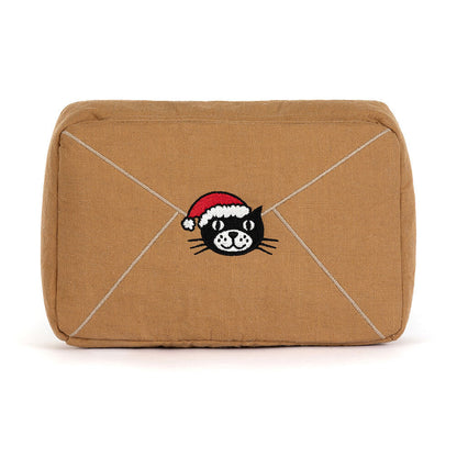 Brown pouch with a cat wearing a Santa hat design on a white background