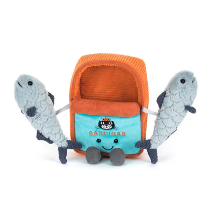 Plush toy with a small cart and two fish-shaped characters on a white background