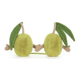 Plush toy shaped like a lemon with leaves on a white background