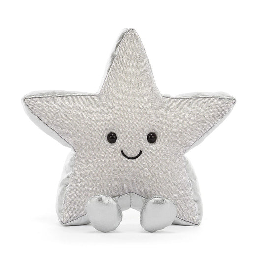 A silver star-shaped plush toy with a smiling embroidered face and small feet, photographed against a clean white background.