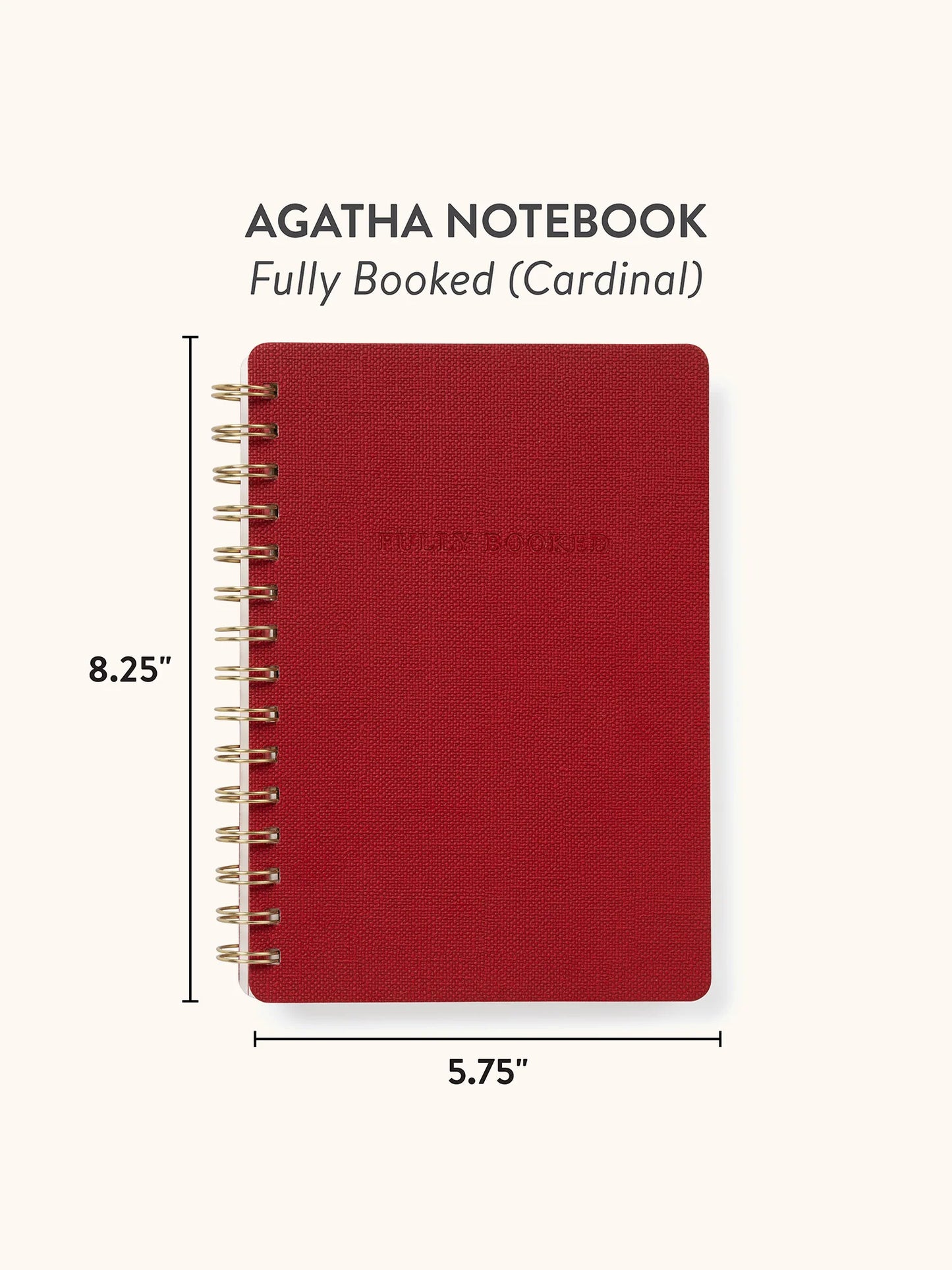 A red spiral-bound notebook shown on a light beige background with text reading 'AGATHA NOTEBOOK' and 'Fully Booked (Cardinal)'. Dimension lines indicate 8.