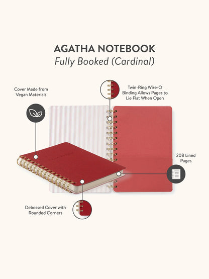 Red notebook with features highlighted on a white background