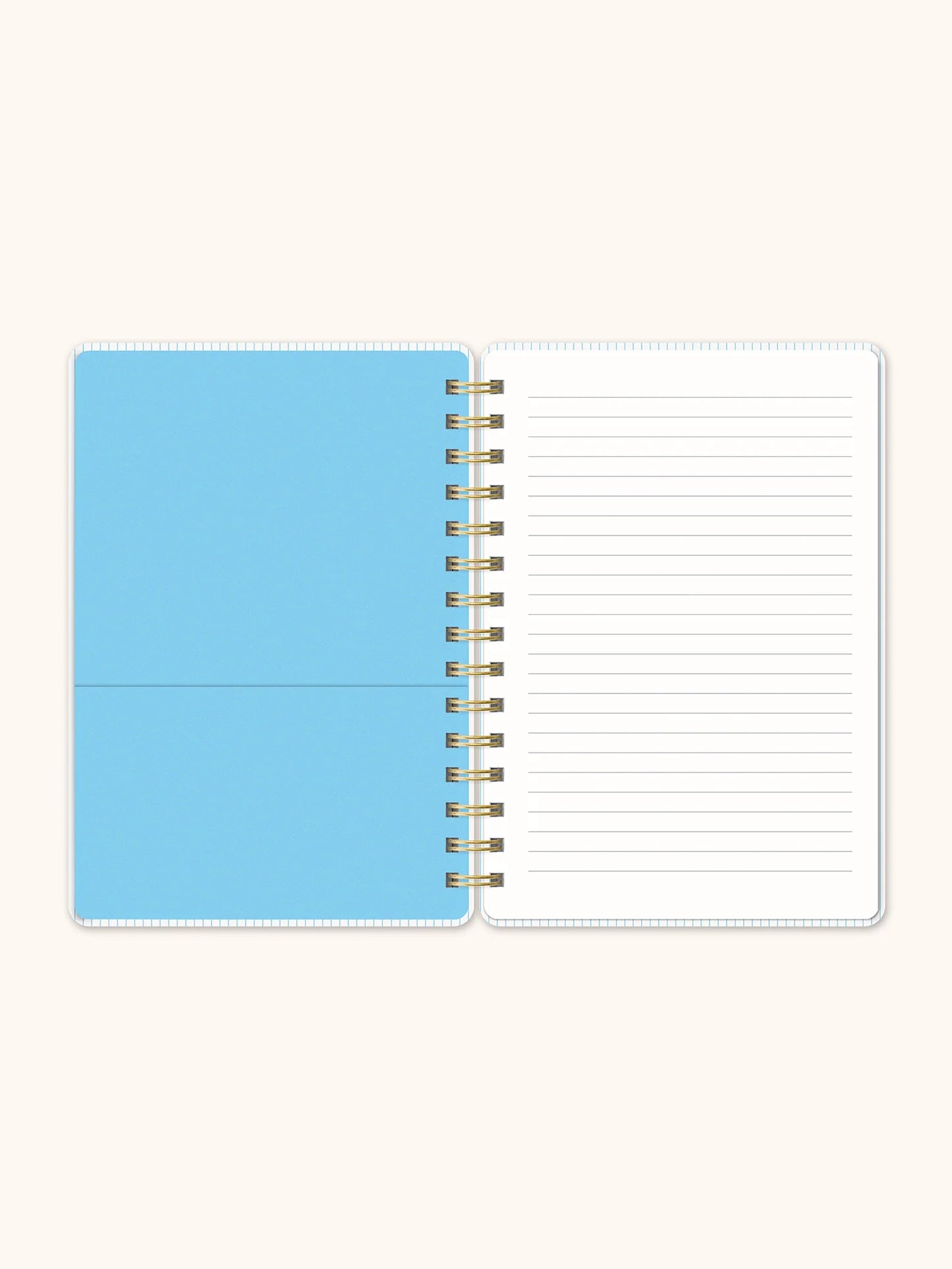Open notebook with a blue cover and lined pages on a white background