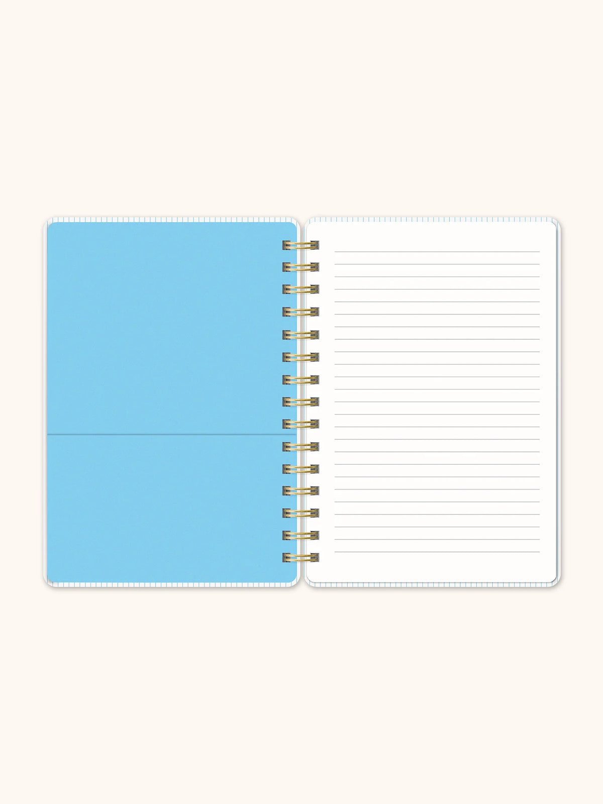 Open notebook with a blue cover and lined pages on a white background