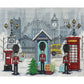 Cross-stitched scene of London with a clock tower, telephone booth, and guards in front of a snowy background.
