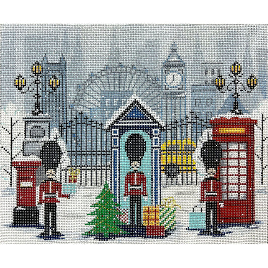 Cross-stitched scene of London with a clock tower, telephone booth, and guards in front of a snowy background.