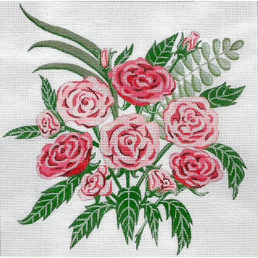 Embroidered design of pink roses with green leaves on a white background