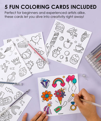 Coloring cards with various designs on a purple background, with a hand holding a pencil.