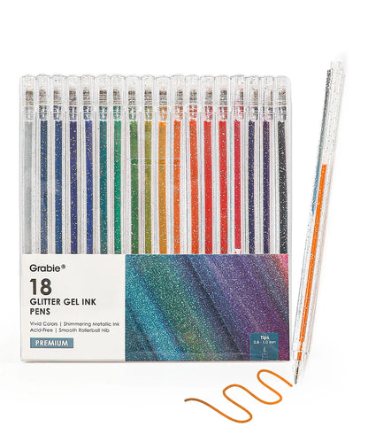 Pack of 18 glitter gel ink pens with a colorful design on a white background