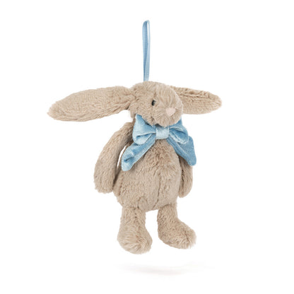 Plush bunny toy with a blue bow tie on a white background