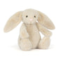 Fluffy beige bunny plush toy on a white background