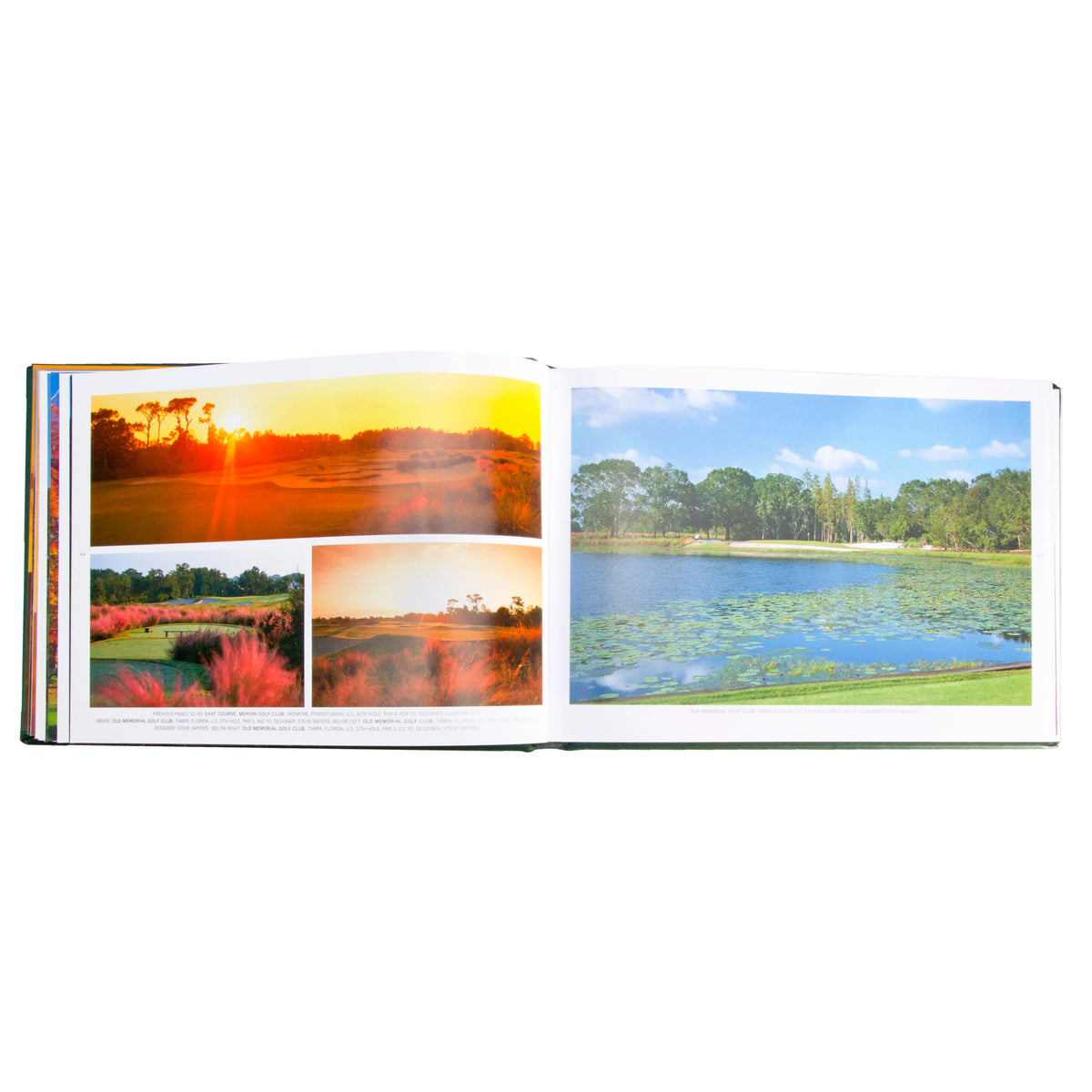 An open hardcover book displaying a series of landscape photographs, including sunsets over golf courses and a bright lake scene with lily pads and trees, set against a plain white background.