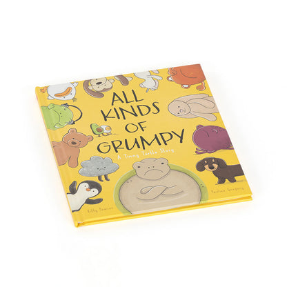 Children's book titled 'All Kinds of Grumpy' with colorful animal illustrations on a yellow background.