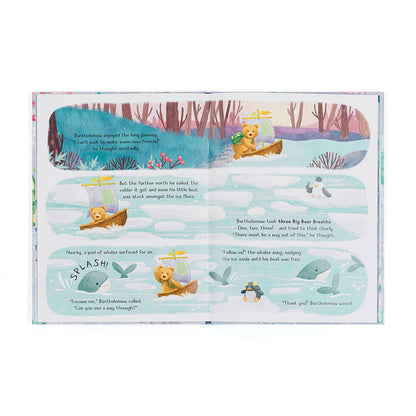 Illustrated book page with a bear in a canoe and text on a white background