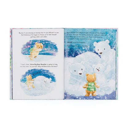 Illustrated book pages with teddy bears in a snowy scene