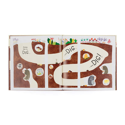 Open book with illustrations of a moles'挖洞 journey on a white background