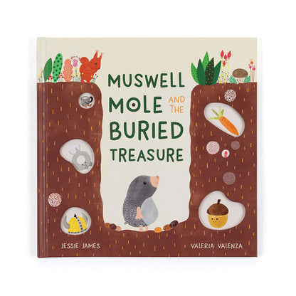 Book cover of 'Muswell Mole and the Buried Treasure' with illustrations of a mole and treasure chest.