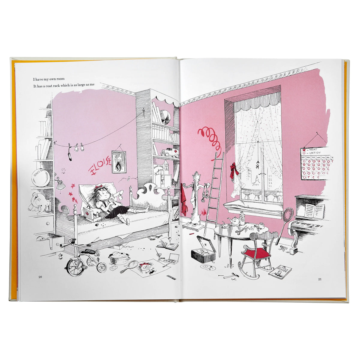 Illustrated open book showing a room with pink walls and various furniture and decorations.