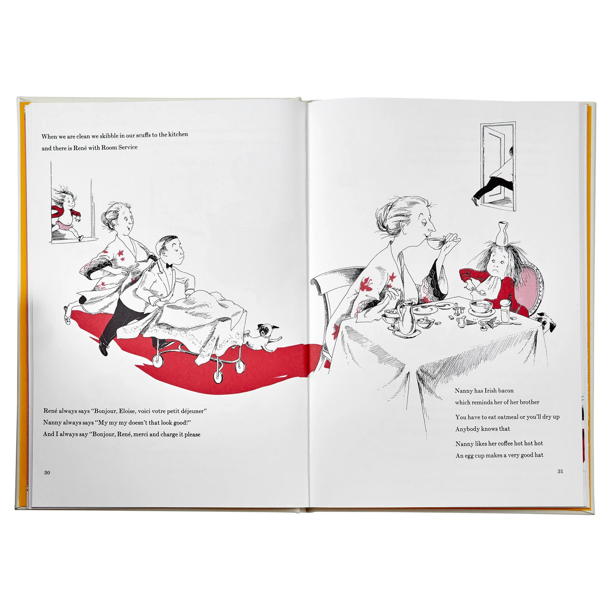 Open book with illustrations of a woman and child in a kitchen setting.