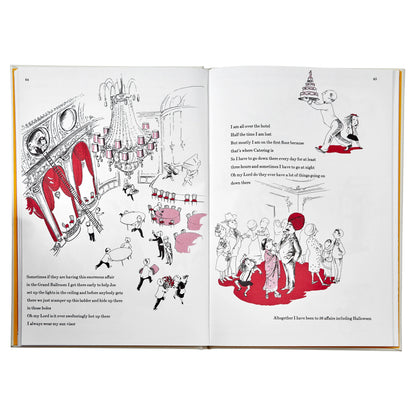 Illustrated book open to two pages with detailed drawings and text on a white background