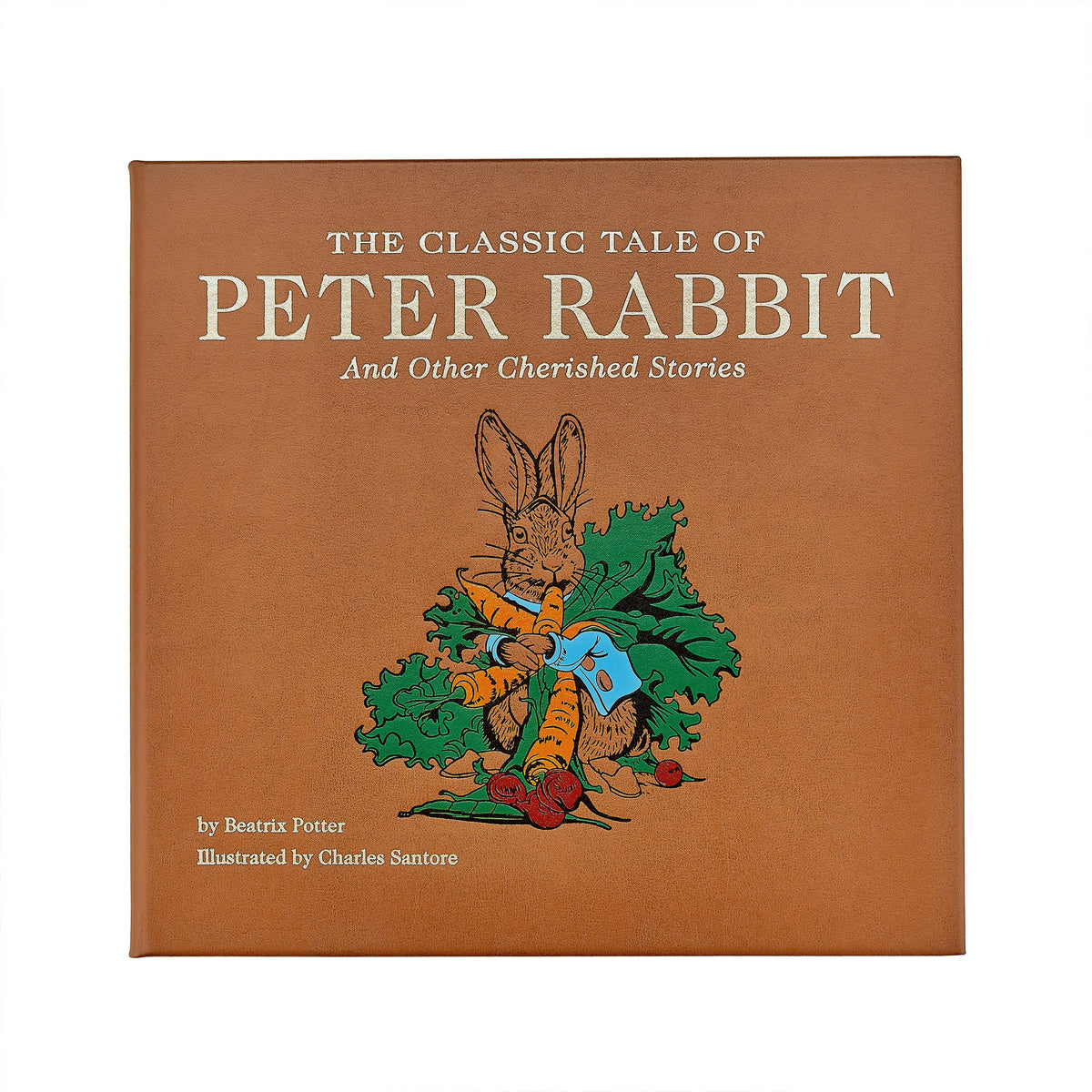 The Classic Tale of Peter Rabbit book cover, featuring a warm brown background with a central illustration of a rabbit holding carrots and greens, with cream-colored text.