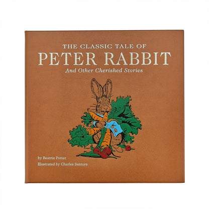The Classic Tale of Peter Rabbit book cover, featuring a warm brown background with a central illustration of a rabbit holding carrots and greens, with cream-colored text.