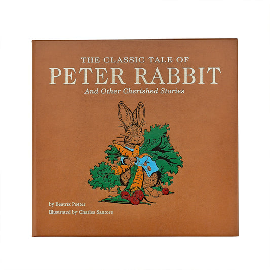 The Classic Tale of Peter Rabbit book cover, featuring a warm brown background with a central illustration of a rabbit holding carrots and greens, with cream-colored text.