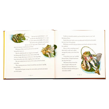 An open children's picture book showing two printed interior spread pages with text and colorful illustrations of a green frog, a gold frog, and a green-and-gold frog wearing a spider costume, photographed on a white background.