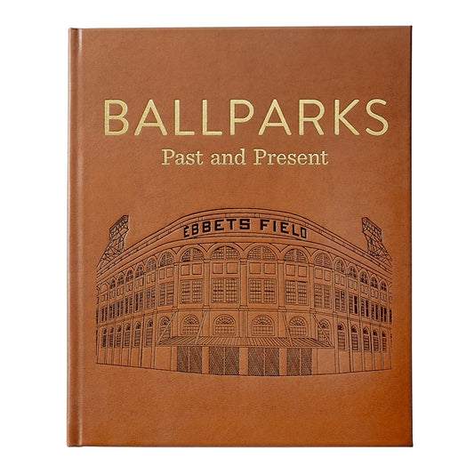 A brown leather-bound book titled 'BALLPARKS Past and Present' with an embossed illustration of Ebbets Field on the cover, shown against a plain white background.